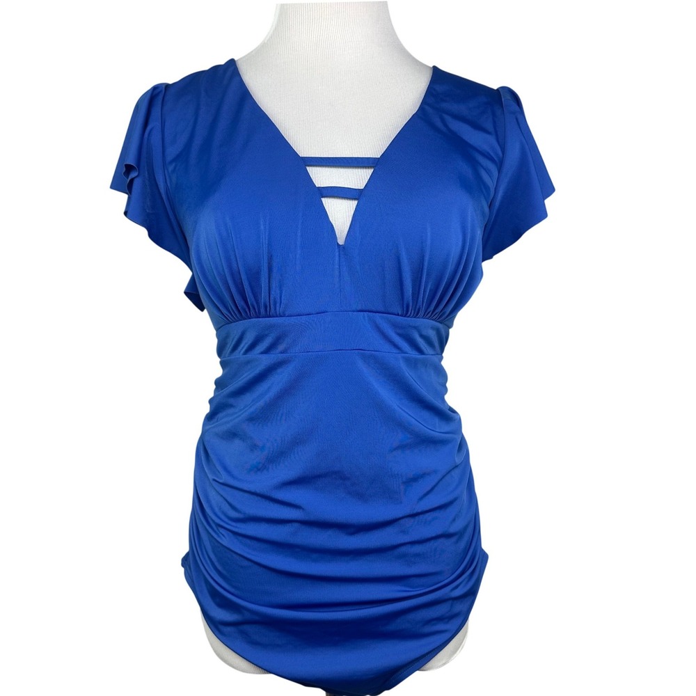 Swim by Cacique Royal Blue No Wire Flutter Sleeve Ruched One Piece Swimsuit 16